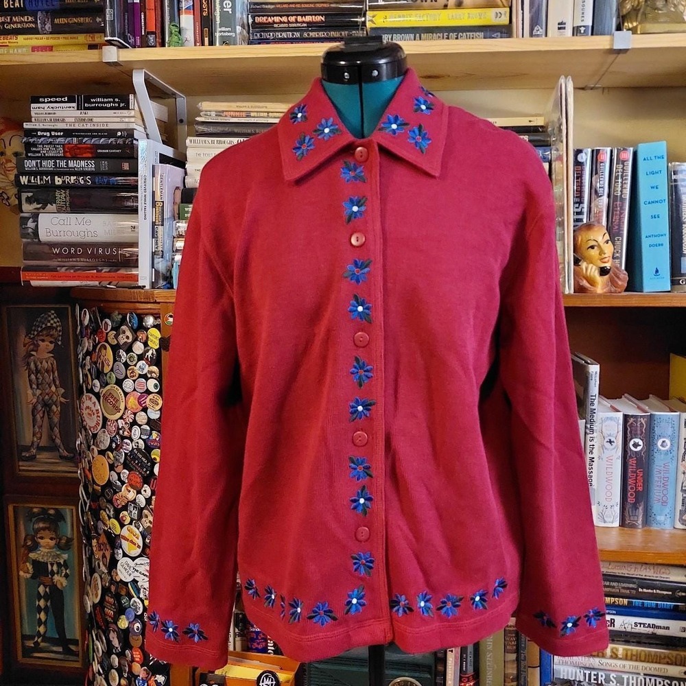 Vintage deep red floral embroidered cardigan.